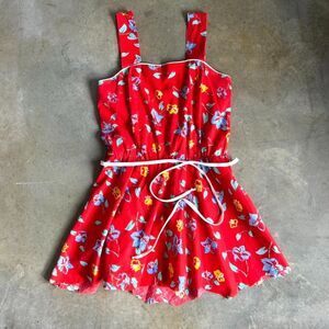 Sue Sherry Women’s Vintage Red Floral Cropped Dress USA 1970s Cotton Summer